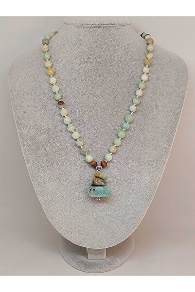 Yasamtohumu Amazonit Taşı Düğümlü Unisex Tasarım Kolye 8mm (45075)