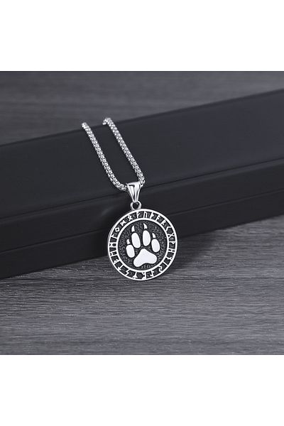 Viking Stainless & Tarnish Stainless 316L Steel Men's Necklace with Runic Written Bear Claw Embroidered