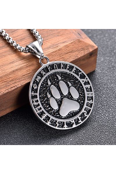 Viking Stainless & Tarnish Stainless 316L Steel Men's Necklace with Runic Written Bear Claw Embroidered