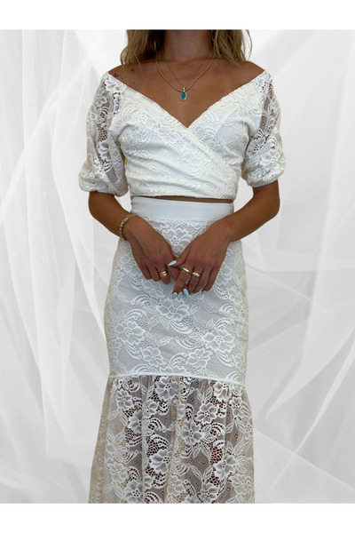 WEDDRESS Güpürlü Alt Üst Kadın Beyaz Takım