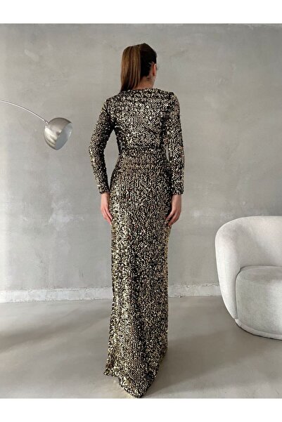 dükkan10butika Γυναικείο βραδινό φόρεμα με μακρυμάνικο μακρυμάνικο με σκίσιμο παγιέτα χρυσό