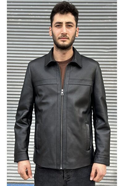 gambia outdoors سترة جلد خروف أصلية 100% للرجال بياقة قميص معطف جلد كلاسيكي م...