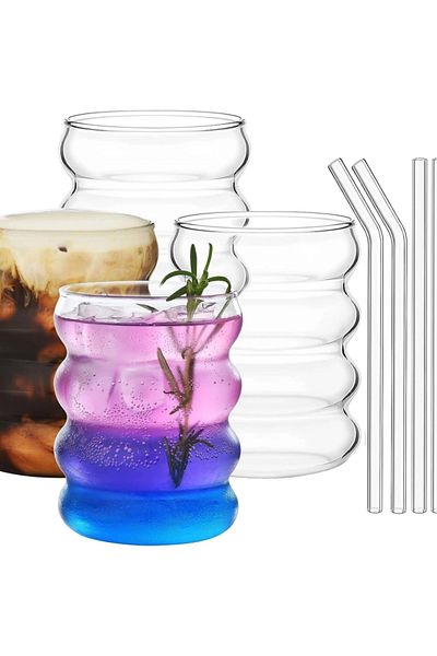 Yenigeldi 4 Pieces of Knotted Cups (4 PCS GLASS STRAWS, 1 PIECE STRAW BRUSH) Heat Resistant Wavy Cups