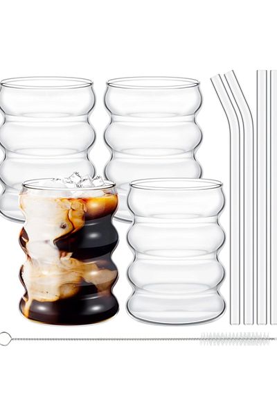 Yenigeldi 4 Pieces of Knotted Cups (4 PCS GLASS STRAWS, 1 PIECE STRAW BRUSH) Heat Resistant Wavy Cups