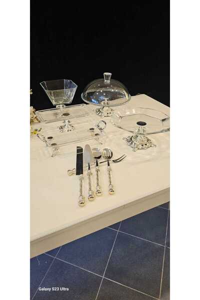 MaviDamla 10 Parça Döküm Ayaklı Cam Sunum Seti Gümüş