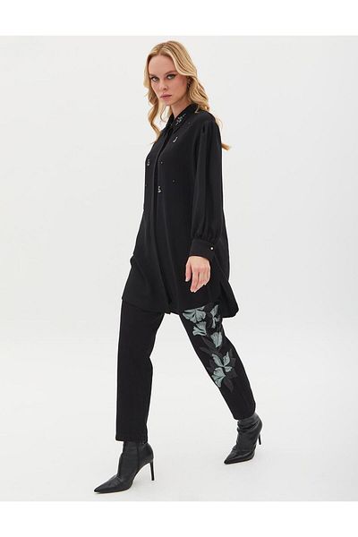 Kayra Stone Detailed Gathered Tunic Black