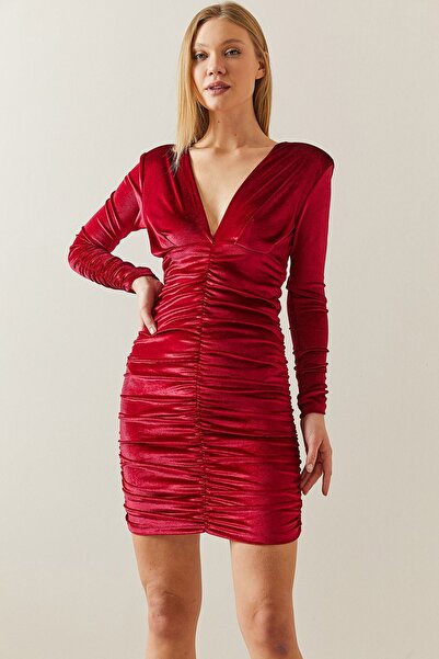 XHAN Vínové sametové šaty s vycpanými a nařasenými melounovými rukávy 4KXK6-47624-05