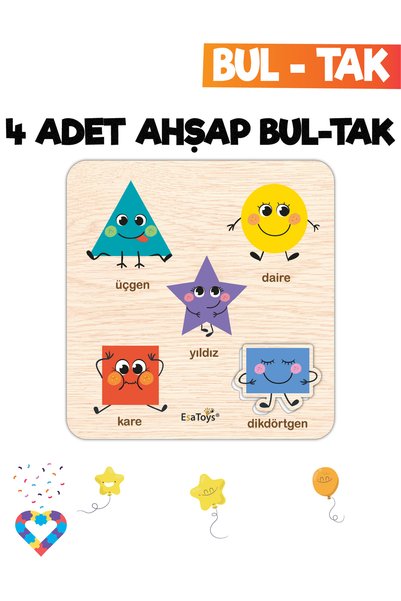 esatoys Eğitici 4 Adet Bul-Tak Oyuncak Hayvanlar, Orman Hayvanları , Rakamlar ve Geometrik Şekiller