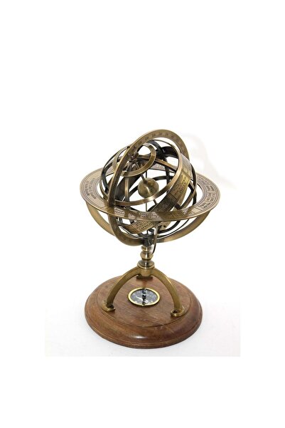 hediyeconcepti Eskitem Ahşap Kaideli Pusulalı Pirinç Horoskop Dünya Küre