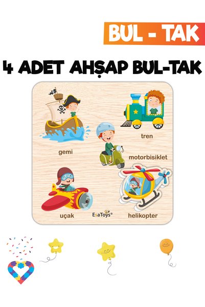 esatoys Eğitici 4 Adet Bul-Tak Oyuncak Orman Hayvanları, Taşıtlar, Sebzeler ve Rakamlar
