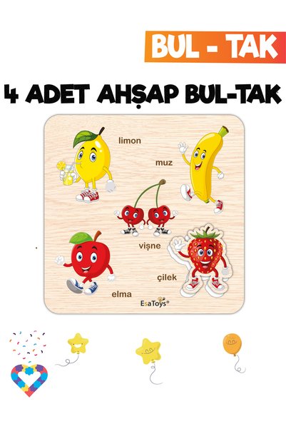 esatoys Eğitici 4 Adet Bul-Tak Oyuncak Taşıtlar, Meyveler, Sebzeler ve İş Makineleri
