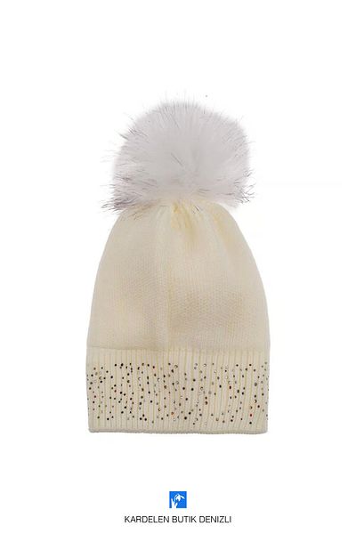 Kardelen Butik Denizli Quality, Knitted, Pearl and Stone Pompom Beret for Women