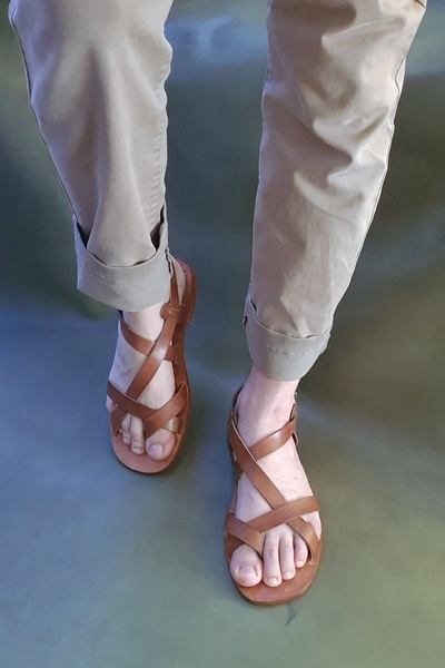 Bostini Sandals Fashion Style El Yapımı Deri Kösele Bantlı Parmak Arası Bodru...