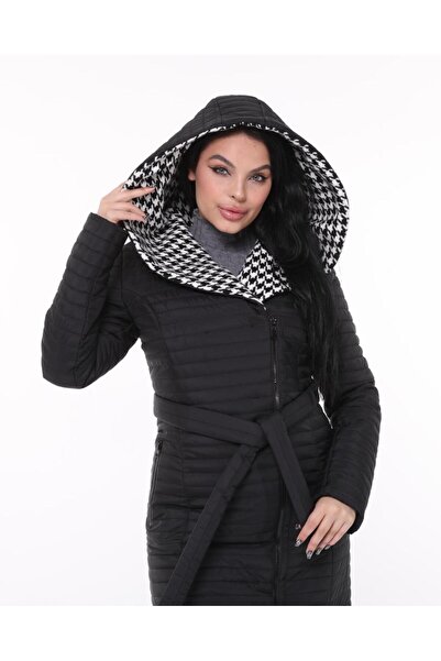 Cristina Krátký nafukovací límec kostkovaný kabát se vzorem černý