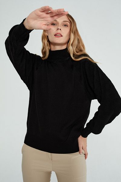 JOVENMADRE Pulover de tricotaj pentru femei, negru, cu guler vertical, cu mâneci, cu model