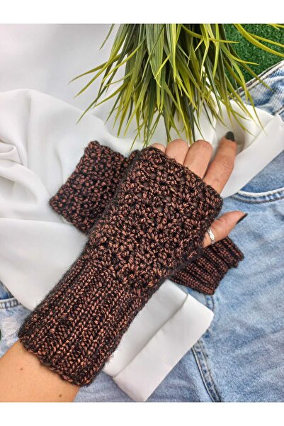 ZeynDesign Trendy Metalik Kahverengi Parmaksız Eldiven