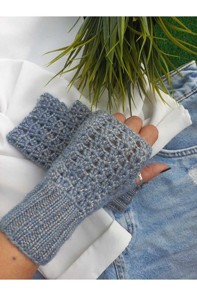 ZeynDesign Trendy Metallic Blue Fingerless Gloves