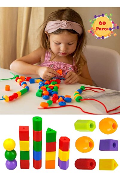 RoseRoi 60 Parça Geometrik Şekiller Ipe Boncuk Dizme Koordinasyon Renk Algı E...