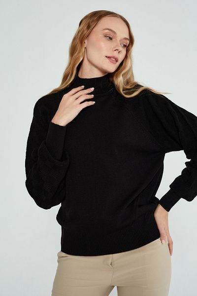 JOVENMADRE Pulover de tricotaj pentru femei, negru, cu guler vertical, cu mâneci, cu model