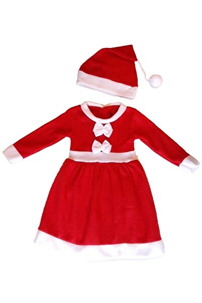 DENİTO Kız Çocuk Fiyonklu Pileli Noel Elbise Noel Baba Kıyafeti Kostümü