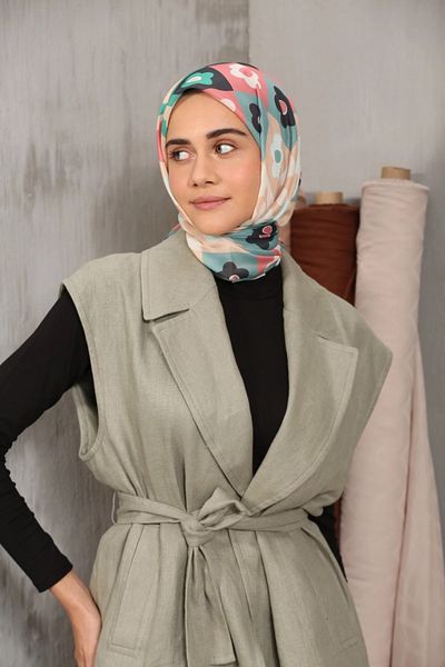 Modakaşmir Floral Patterned Soft Cotton Scarf Mildew Green