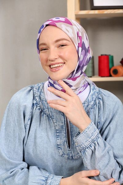 Modakaşmir Μαλακό βαμβακερό κασκόλ με λουλούδια λιλά