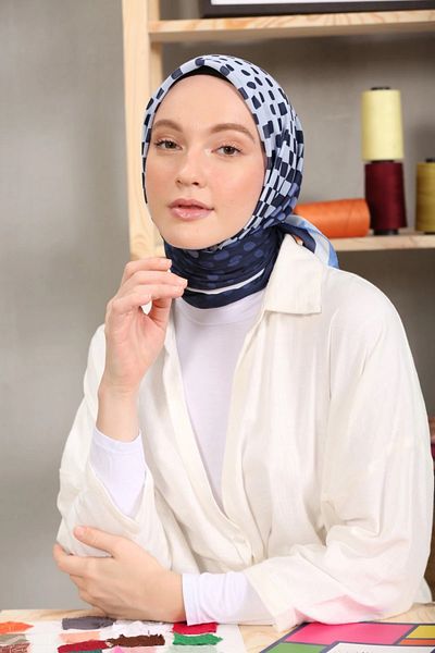 Modakaşmir Μαλακό βαμβακερό κασκόλ με πουά μοτίβο Navy Blue