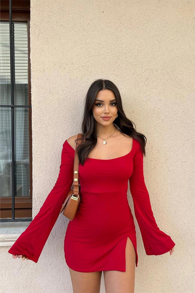 Look Kadıköy Red Spanish Sleeve Deep Slit Square Neck Mini Dress