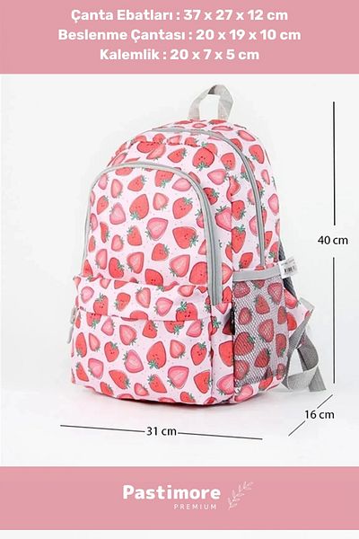 Pastimore Zippered Large 1st Quality Waterproof Patterned Compartmented Triple School Pen Holder Lunch Backpack Set
