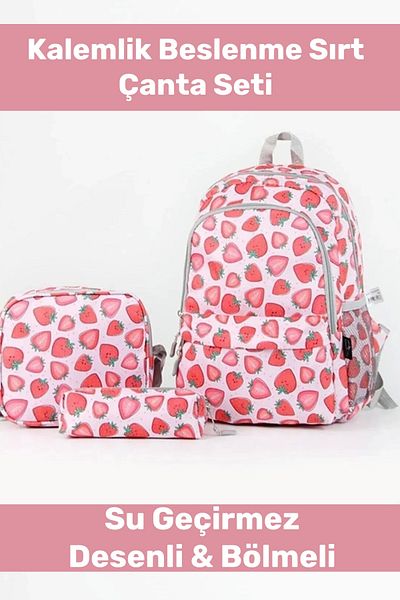 Pastimore Zippered Large 1st Quality Waterproof Patterned Compartmented Triple School Pen Holder Lunch Backpack Set