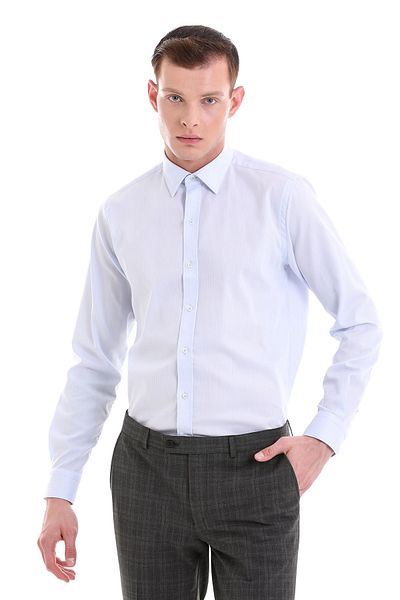 Hatemoğlu Cămașă sport cu mânecă lungă, cu guler subțire, cu model, albastră, 100% bumbac