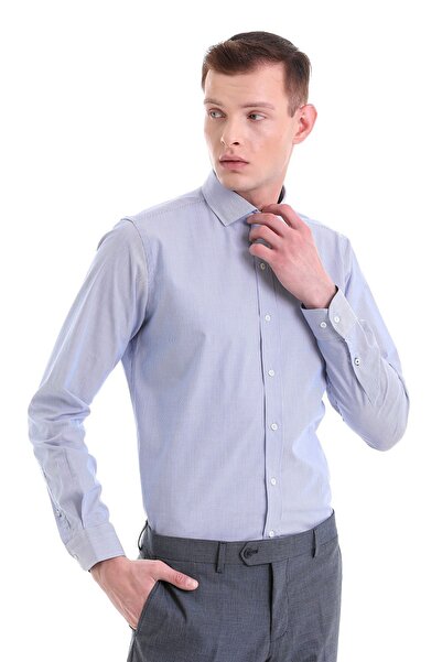 Hatemoğlu Mavi Comfort Fit Desenli 100% Pamuklu İtalyan Yaka Uzun Kollu Spor Gömlek