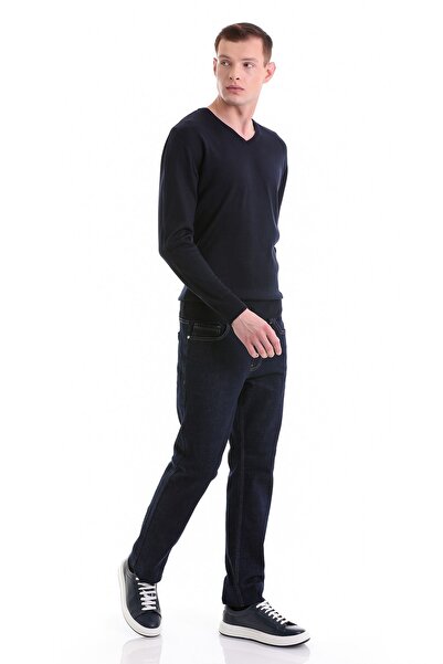 Hatemoğlu Синій Regular Fit Прямий V-подібний комір Вовняний трикотажний светр