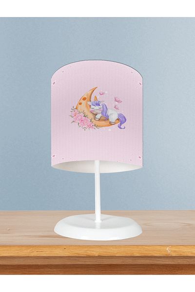 BAMBAŞKA MODA Baby and Children's Room Pink Lampshade with Unicorn Pattern Hugging the Moon