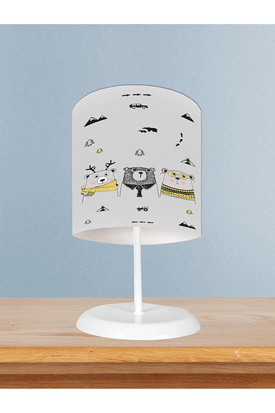BAMBAŞKA MODA Baby and Children's Room Cute 3-Piece Bear and Road Patterned Gray Lampshade