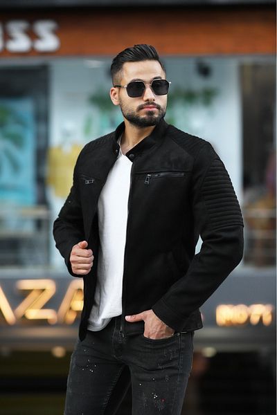 PRİFALDİ Ανδρικό μαύρο γιακά σουέτ Slim Fit μπουφάν