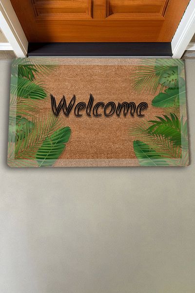 Valerine Life Covoraș de bun venit pentru ușă cu frunze de palmier cu cadru alb 45x70cm