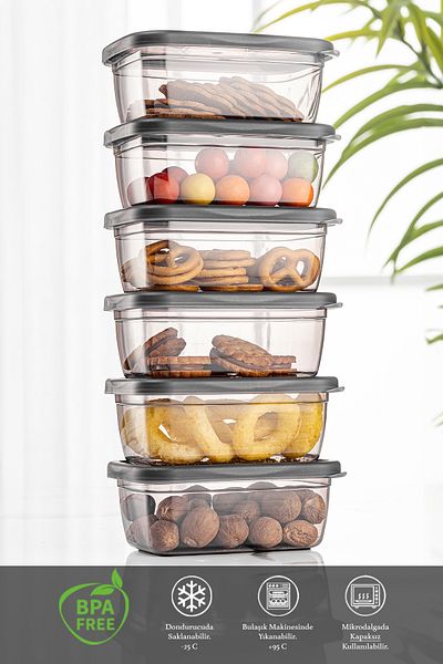 Meleni Home 6 Pieces Practical Box - Rectangular Storage Container with Lid - Spice Bowl Breakfast Snack Bowl 6x380 ml