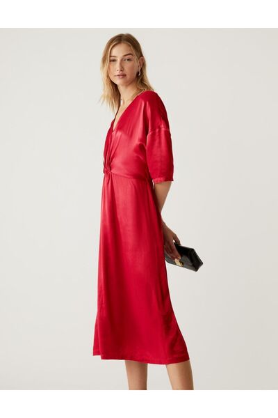 Marks & Spencer V Yaka Midi Saten Elbise