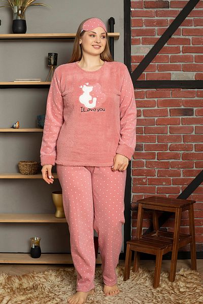 Wordex Fwn 5100 Plus Size Plush Welsoft Fleece Winter Women's Pajamas Set with Cat