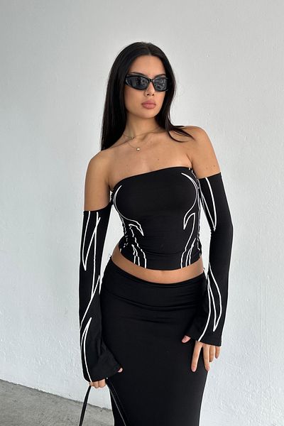 World Fashion Trends Bluză flexibilă fără bretele cu mânecă lungă imprimată