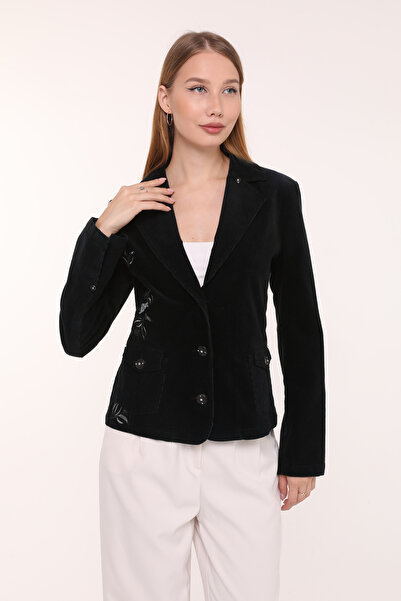 Barkaist Kadın Siyah İşleme Detaylı Kadife Blazer Ceket