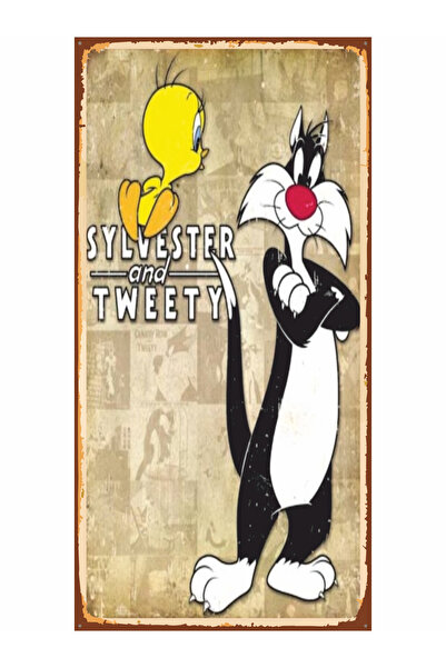 Hayat Poster silvester and tweety bir kedi gördüm sanki çizgifilm çocuk odası mini retro ahşap poster