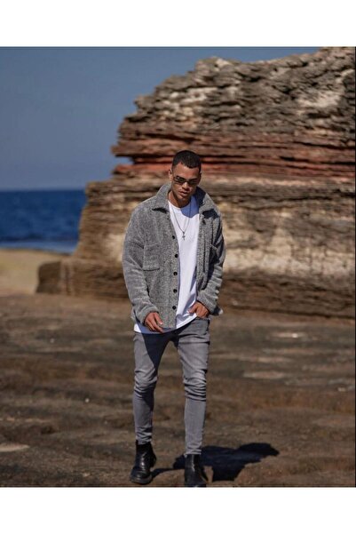 Baycombine35 سترة رجالية باللون الرمادي القطيفة بأزرار