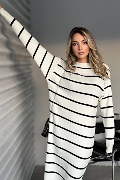 bayansepeti Crew Neck Oversize Long Sleeve Midi Length Stripe Patterned Ecru Knitwear Dress 1080