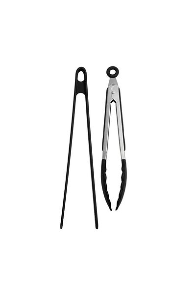 HAZARPAZAR Set of 2 Black Heat Resistant Silicone Frying Tongs and Metal Silicone Tip Frying Serving Tongs