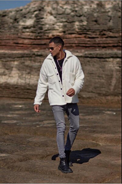 Combineman35 Jachetă albă de pluș cu nasturi pentru bărbați