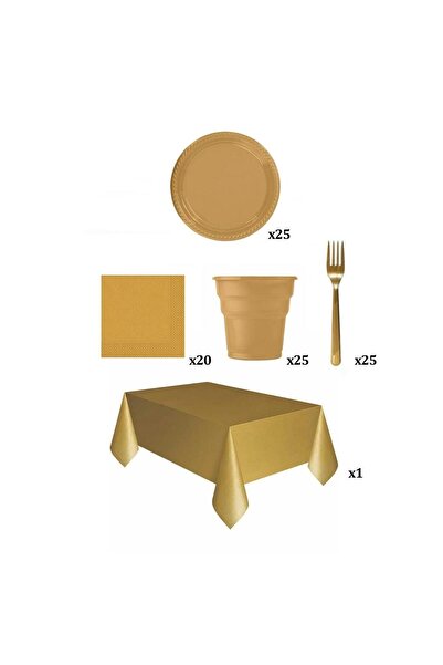 Party Fantasy طقم صحن بلاستيك ذهبي اللون، كوب، شوكة، منديل ومفارش طاولة للاستعمال مرة واحدة