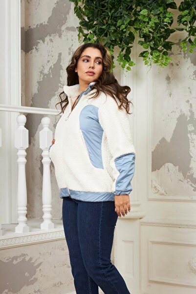 RMG Garnished Plus Size Curly Ecru Coat