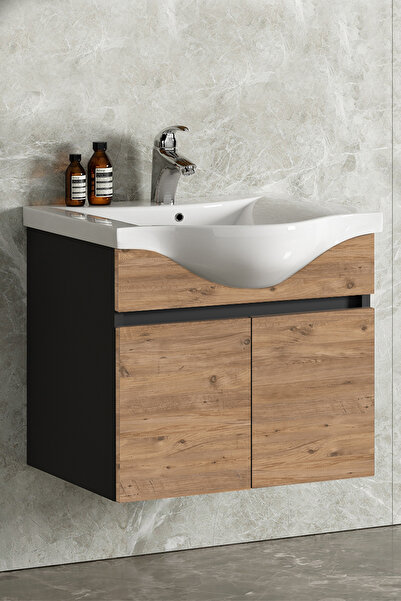 ÖZCEDEN Yıldız 65 cm Antrasit Gri Mat-Atlantik Çam MDF Seramik Lavabolu Asma Banyo Alt Dolabı